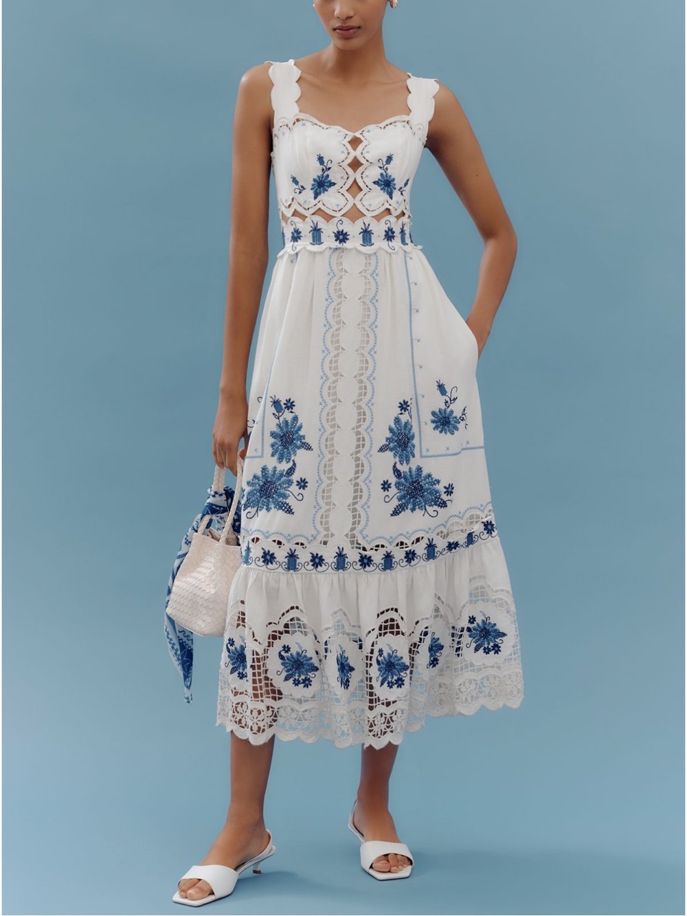 Farm Rio Cross-Stitch Richelieu Linen Blend Dress